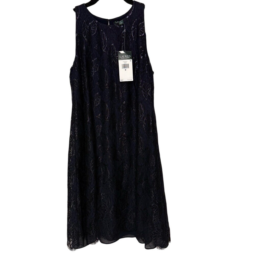 Lauren Ralph Lauren Women's Navy Metallic Lace Sheath Swing Dress New‎ 0